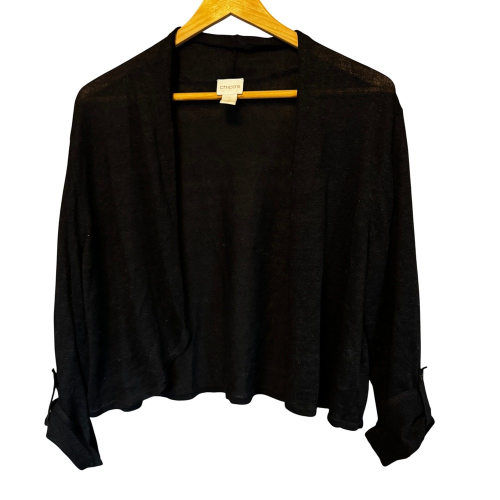 Chicos Black Ramie Rayon Open Front Cardigan Button Tab Sleeve Size 2 L